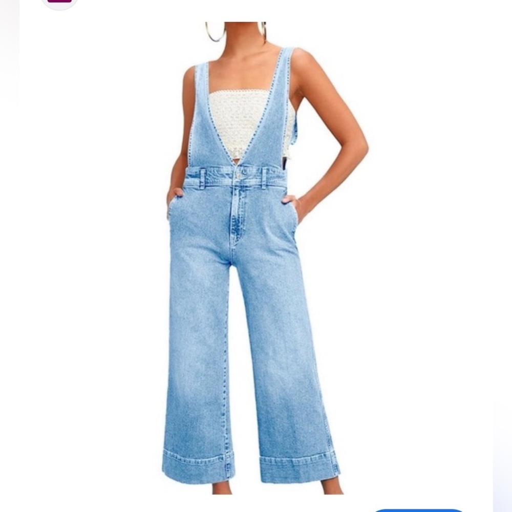 Free People A line Sky Blue Denim Overalls 2 - Picture 3 of 9